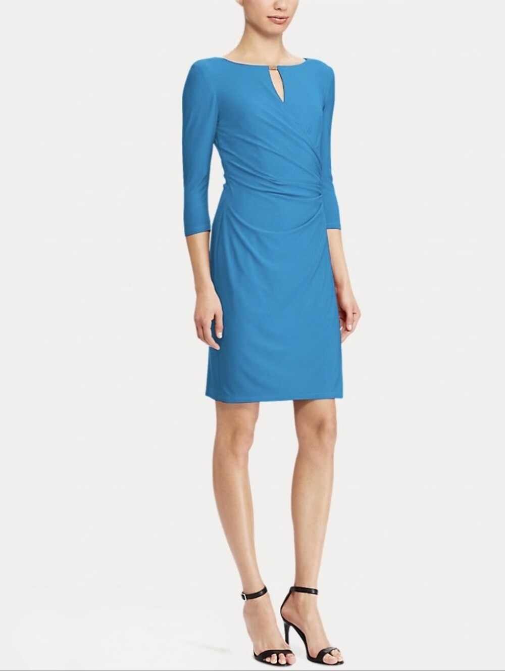 Lauren Ralph Lauren Faux Wrap Teal Stretch Midi Dress 3/4 Sleeve SIZE 6 NWOT